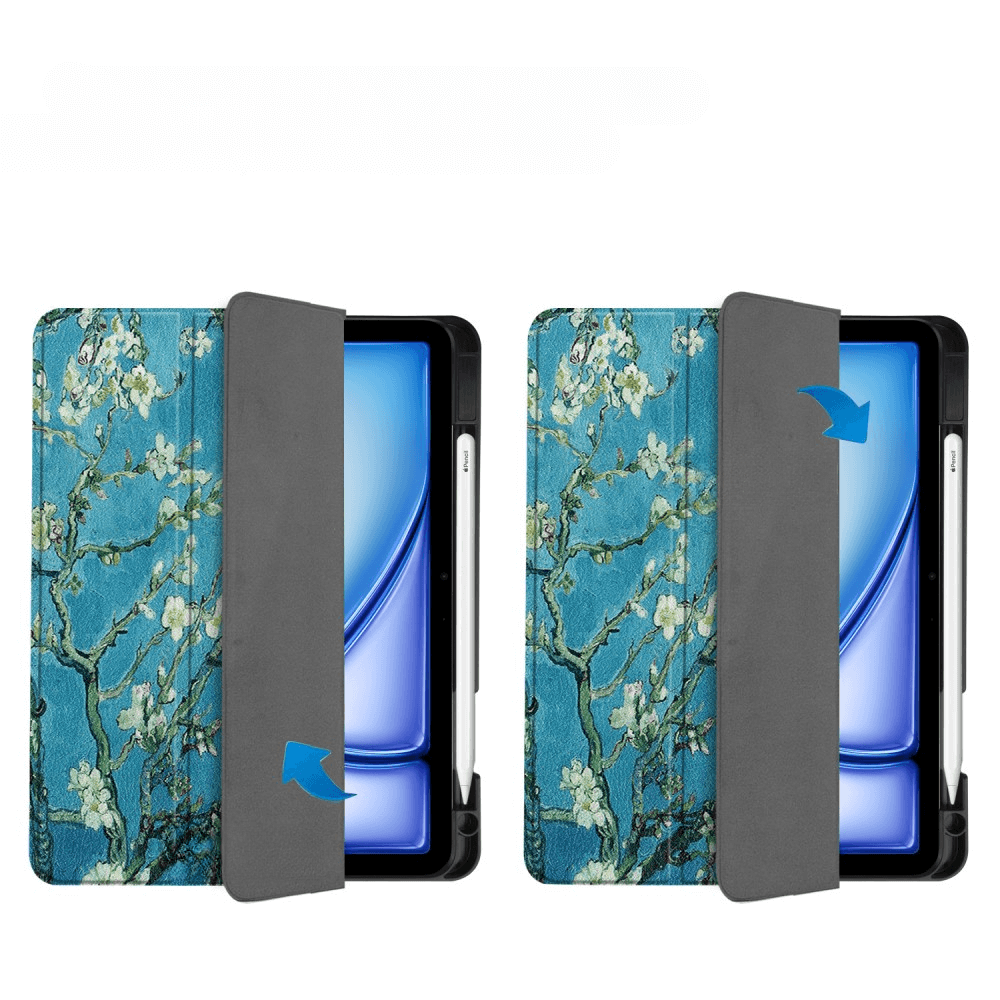 Deux étuis de tablette à motif Van Gogh, un avec flèche vers le bas, l'autre vers le haut.