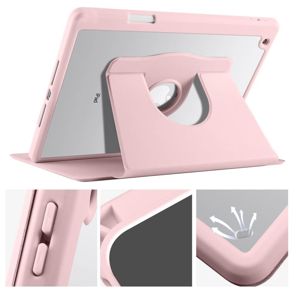 Ein rosafarbener Tablet-Ständer mit einem iPad, das darin eingesetzt ist.