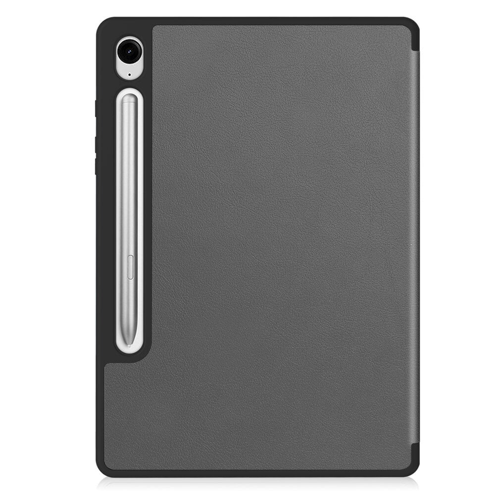 Graue Tablet-Hülle mit Stifthalter und Kamerablende.