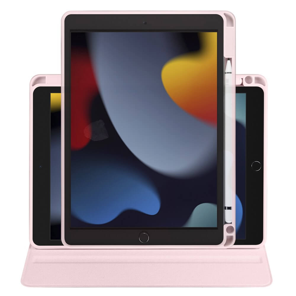 Drei rosa iPads mit Stiften und aufgeklappten Hüllen auf weißem Hintergrund.