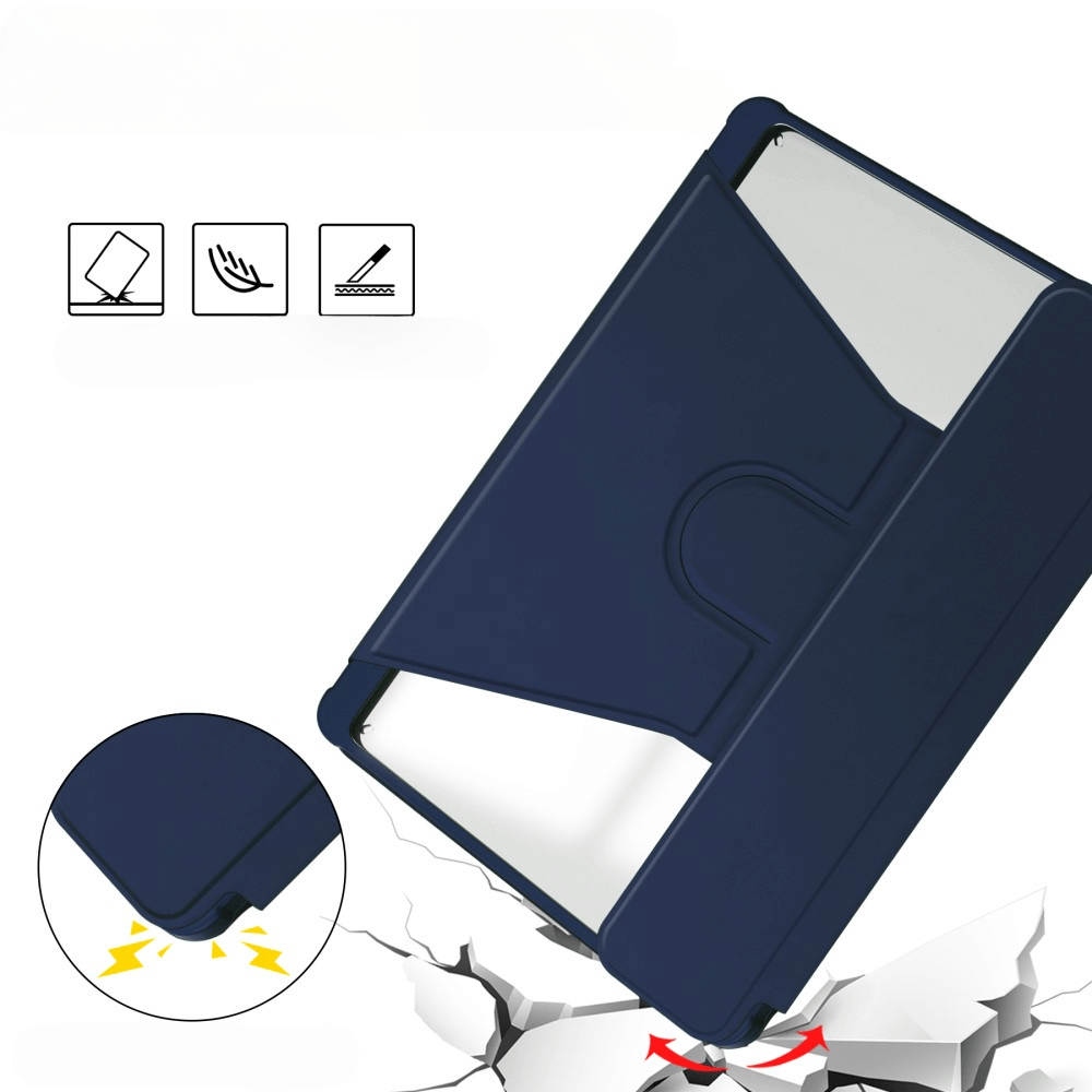 Étui bleu foncé pour tablette montrant la protection contre chutes et rayures.