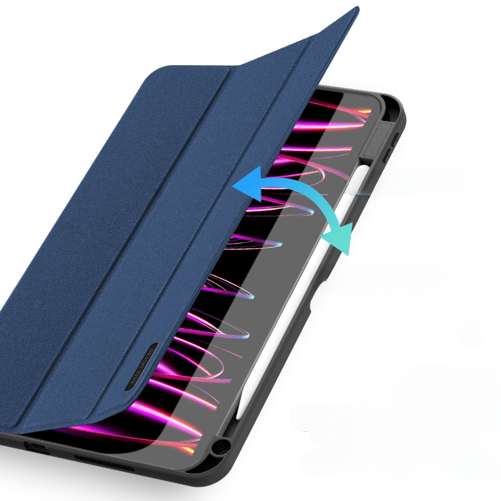 Étui bleu pour tablette avec porte-stylet. Couvercle ouvert révèle l'écran avec flèche.