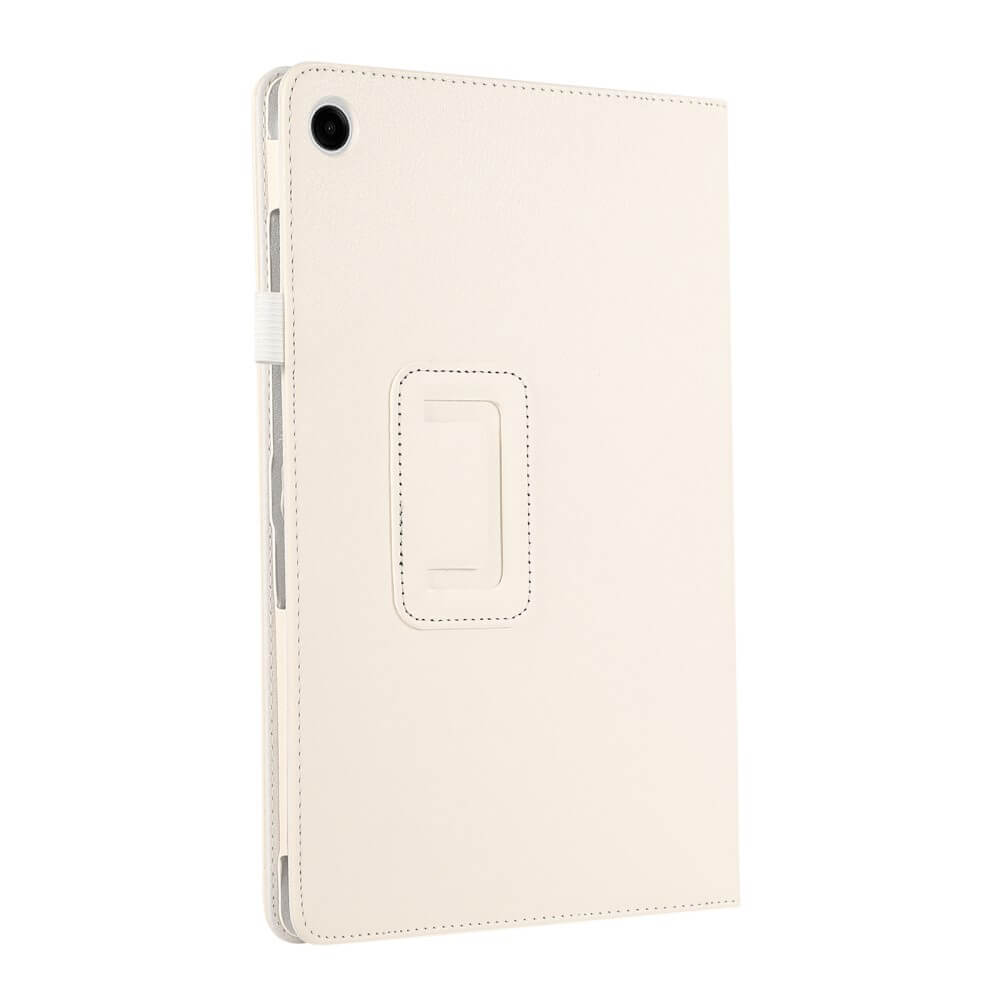 Weiße Tablet-Hülle mit Kameraausschnitt und Stifthalter.