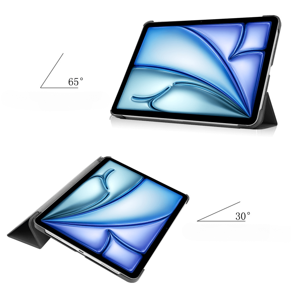 Une tablette dans un support noir à 65 et 30 degrés.