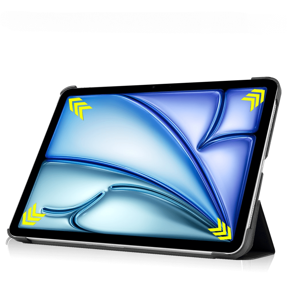Une tablette avec fond bleu et flèches jaunes dans les coins.