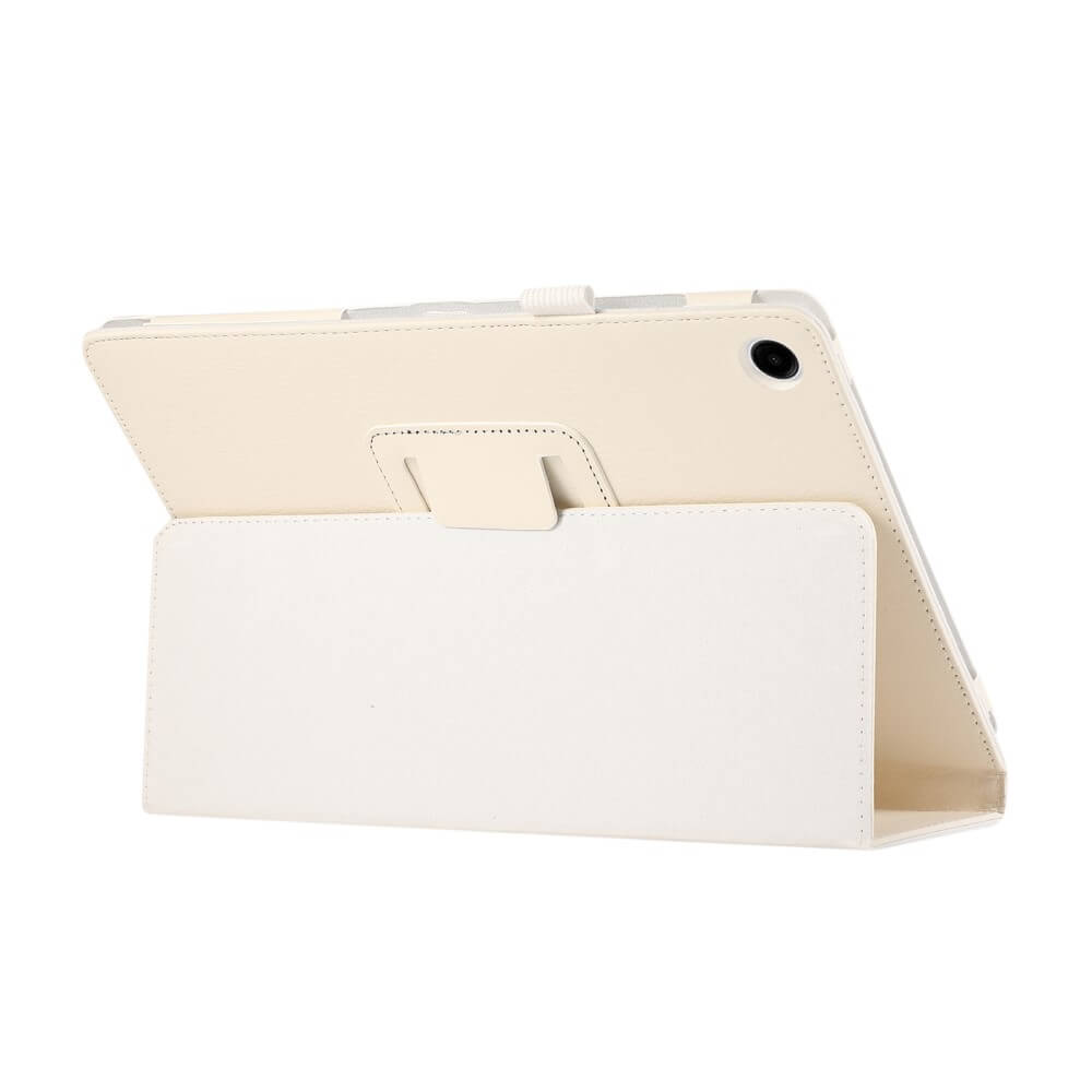 Ein beiges Tablet mit weißer Hülle, seitlich aufgestellt.