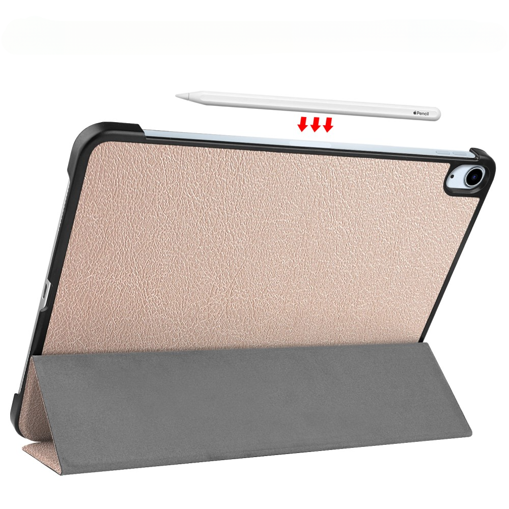 Une tablette or rose texturée cuir avec un support gris. Un stylet flotte au-dessus.