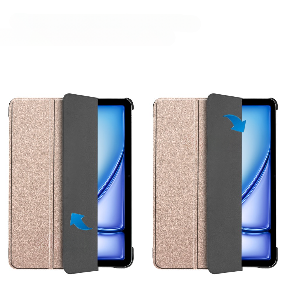 Deux étuis pour tablette or rose, un ouvert, un fermé, avec flèches.
