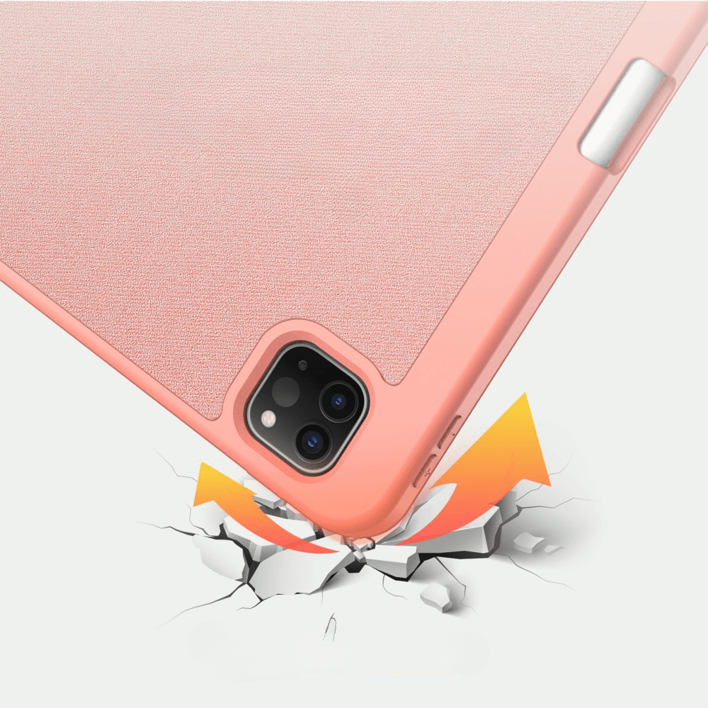 Coque rose tombant, brisant sol blanc. Flèches montrent impact.
