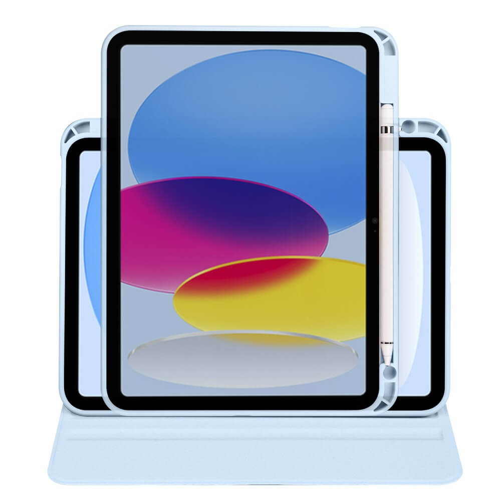 Trois tablettes bleu clair côte à côte avec porte-stylet. L'une montre un fond coloré.