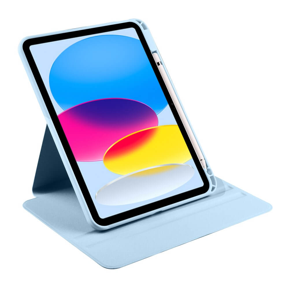 Une tablette bleu clair dans un support avec un stylet à côté.