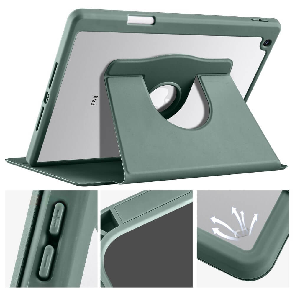 Étui vert pour iPad avec support intégré et découpes pour boutons et ports.
