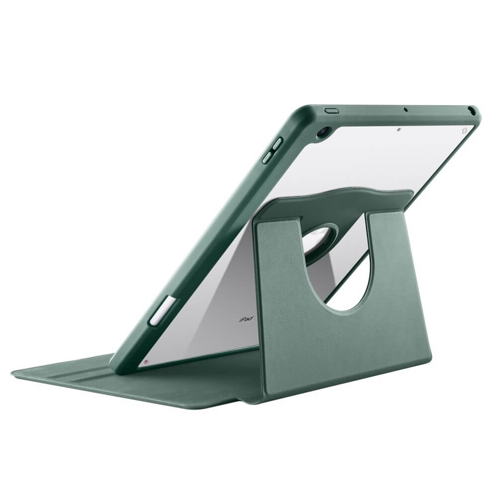 Étui vert pour tablette debout sur son socle, fond blanc