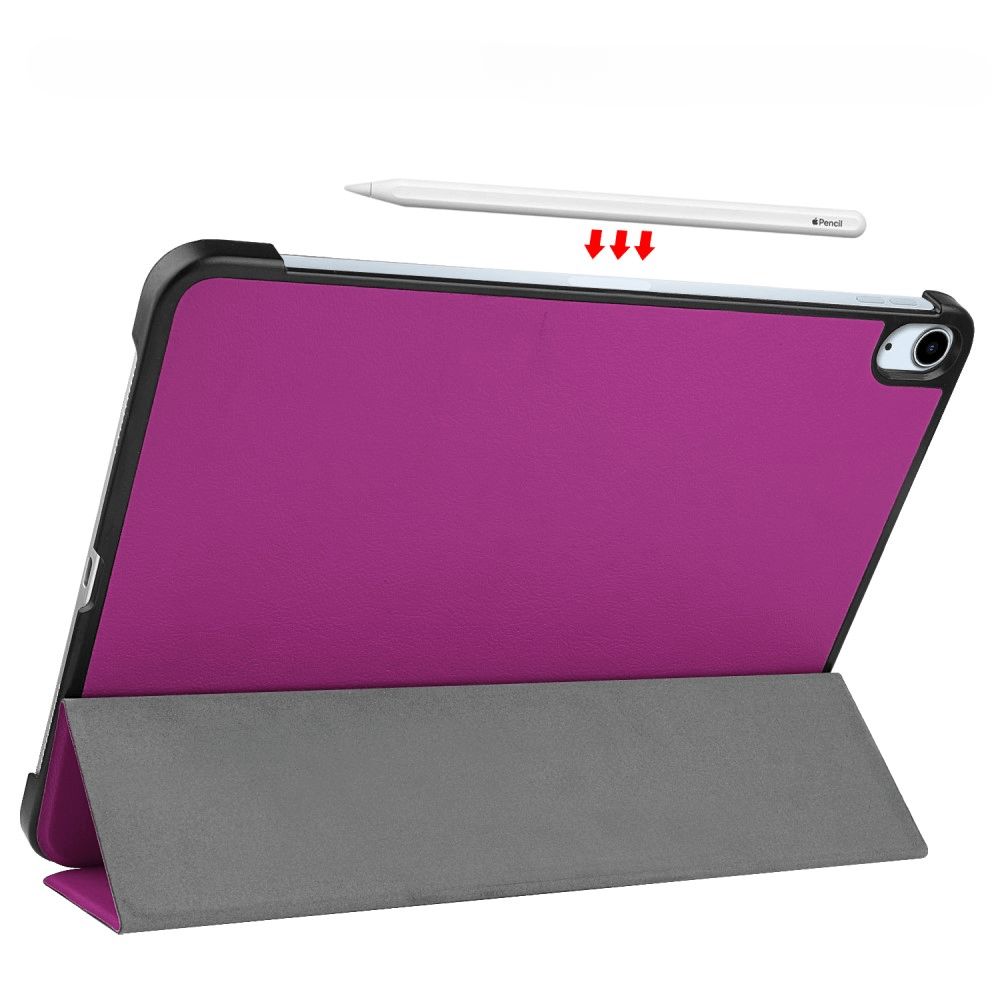 Custodia viola per tablet con stilo e frecce rosse che puntano al dispositivo.
