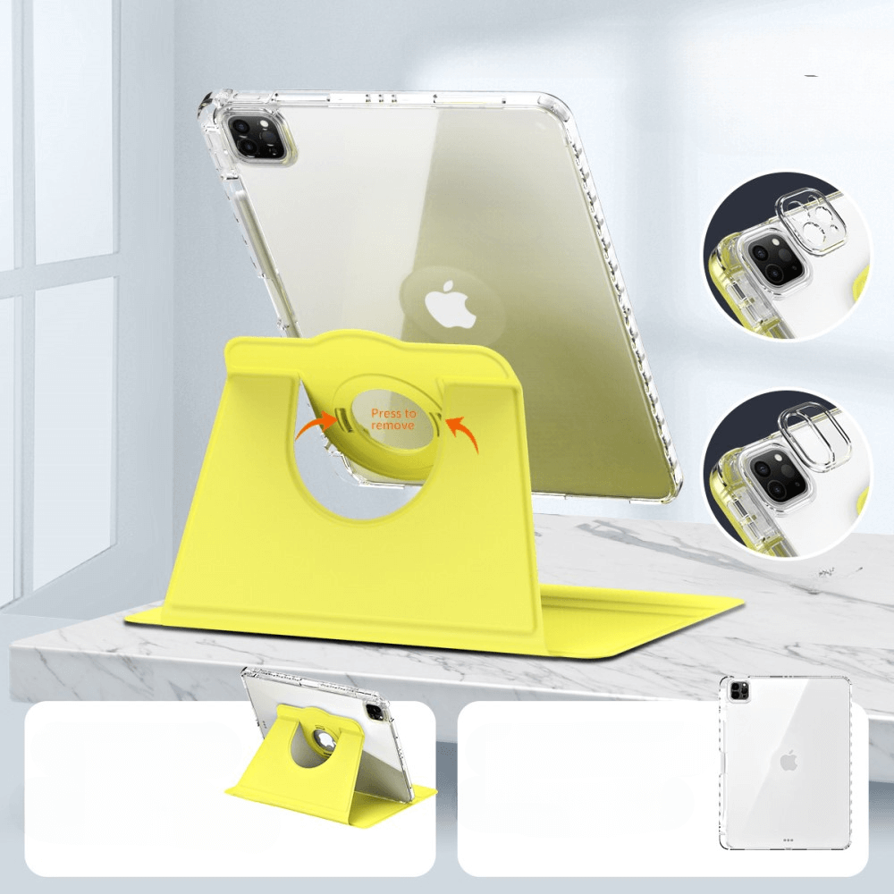 Support tablette jaune avec iPad transparent et détails de caméra.