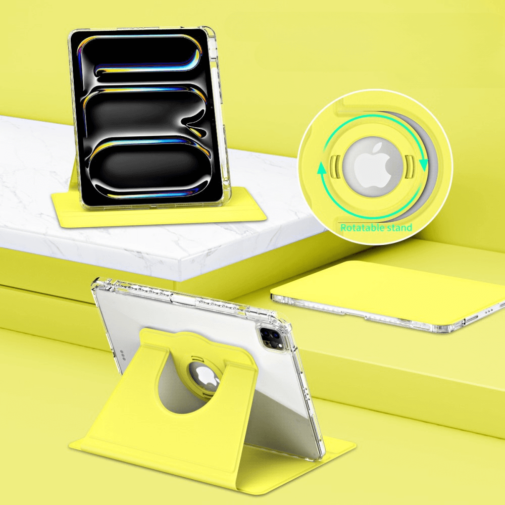 Étui jaune pour tablette avec un support tenant une tablette à la verticale.