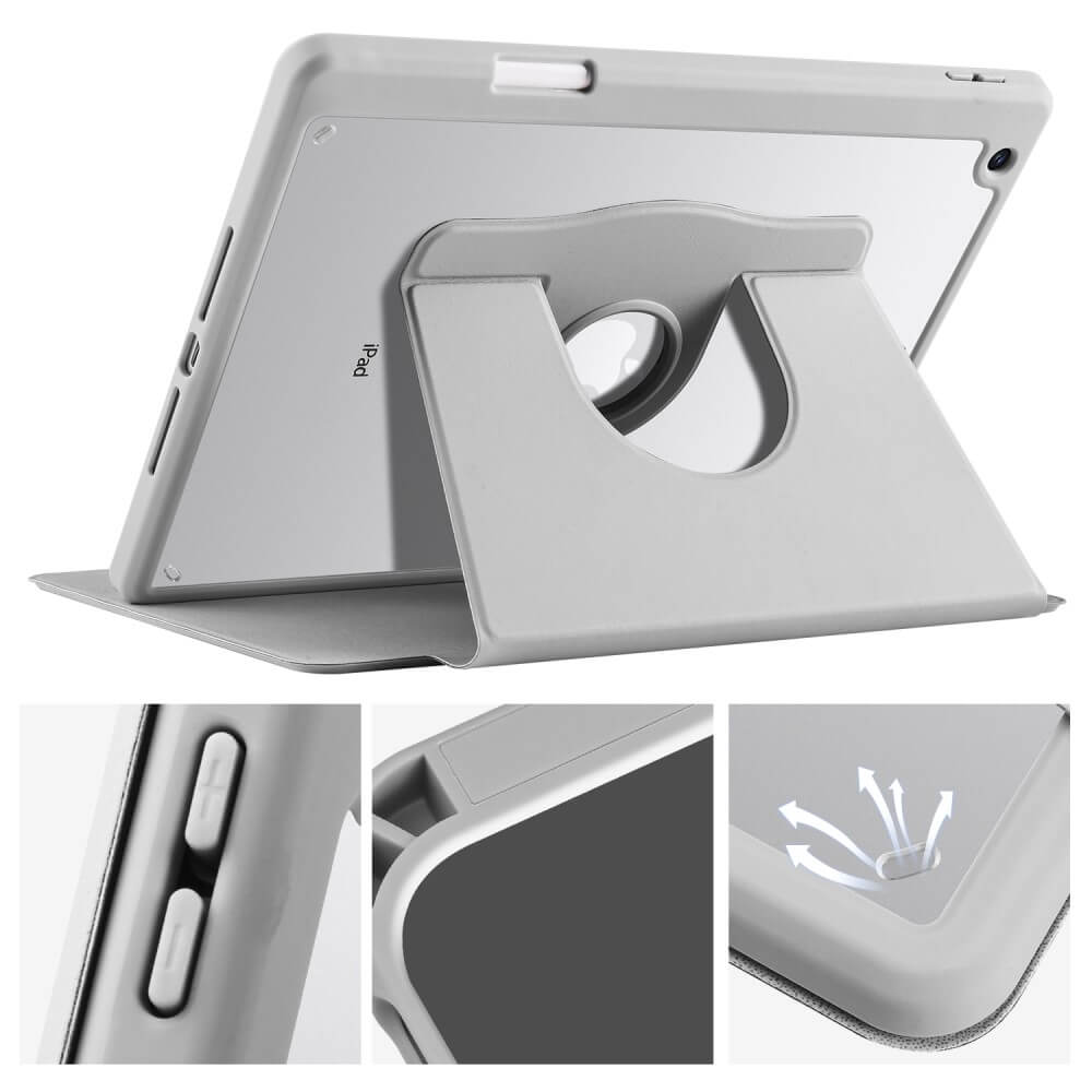 Étui gris pour iPad avec support et découpes pour boutons et ports.