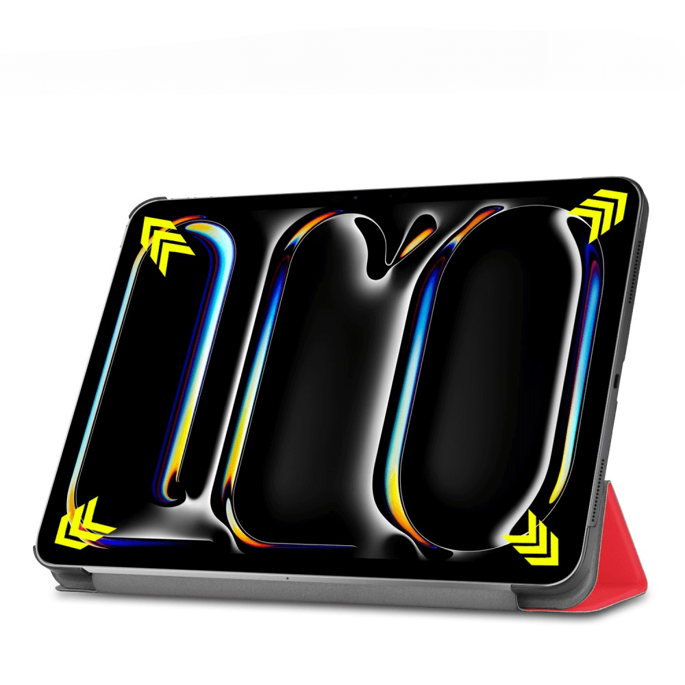 Une tablette avec étui rouge affiche un design abstrait avec des flèches jaunes.