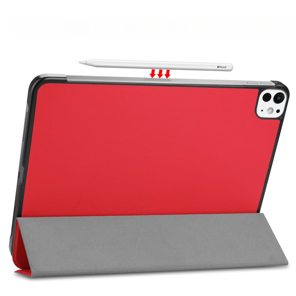 Une tablette rouge avec support stylet et étui gris sur fond blanc.
