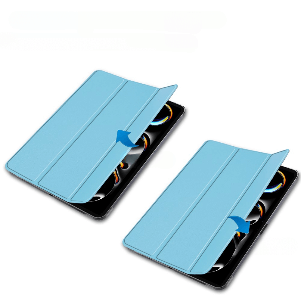 Deux étuis de tablette bleu clair s'ouvrent pour révéler des tablettes.