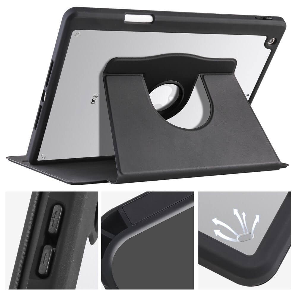 Un iPad noir dans un étui est sur un support. Gros plans montrent boutons et ventilation.