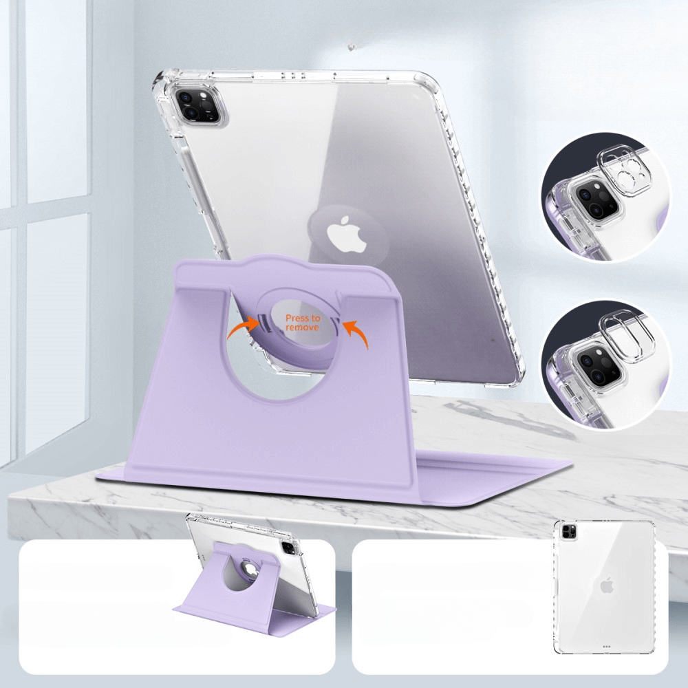 Un support violet pour tablette tient une tablette transparente avec logo Apple.