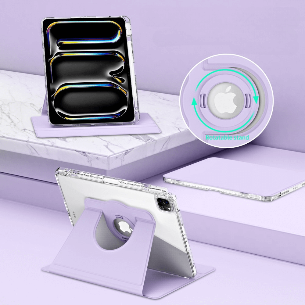 Une tablette transparente dans un étui violet avec support rotatif.