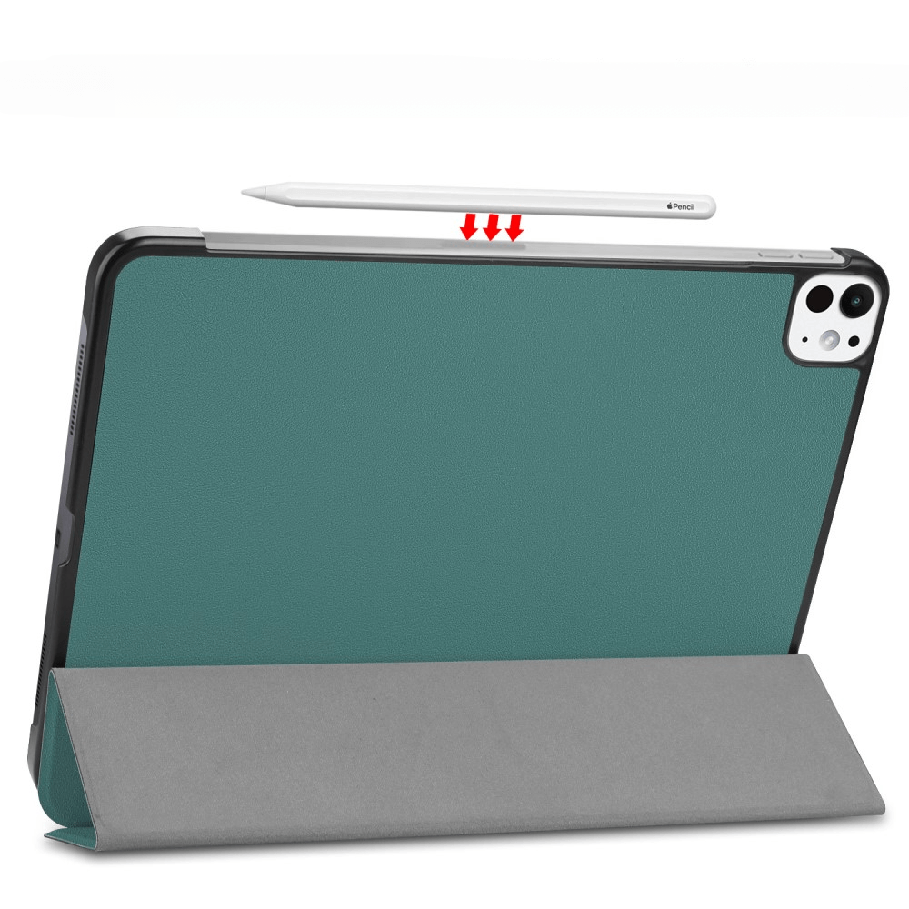 Dos vert de tablette avec stylet et indicateur flèche rouge. Support gris.
