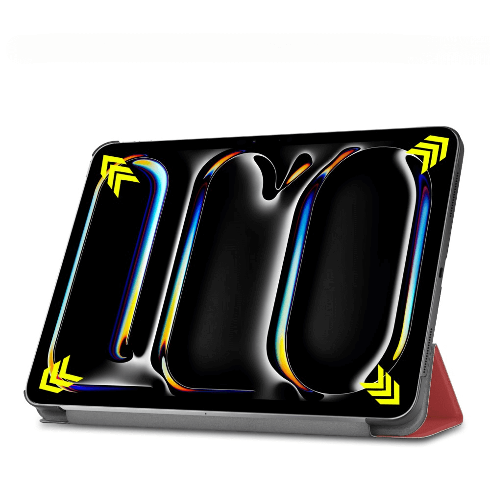 Une tablette dans un étui affichant un motif abstrait et coloré avec des flèches jaunes.