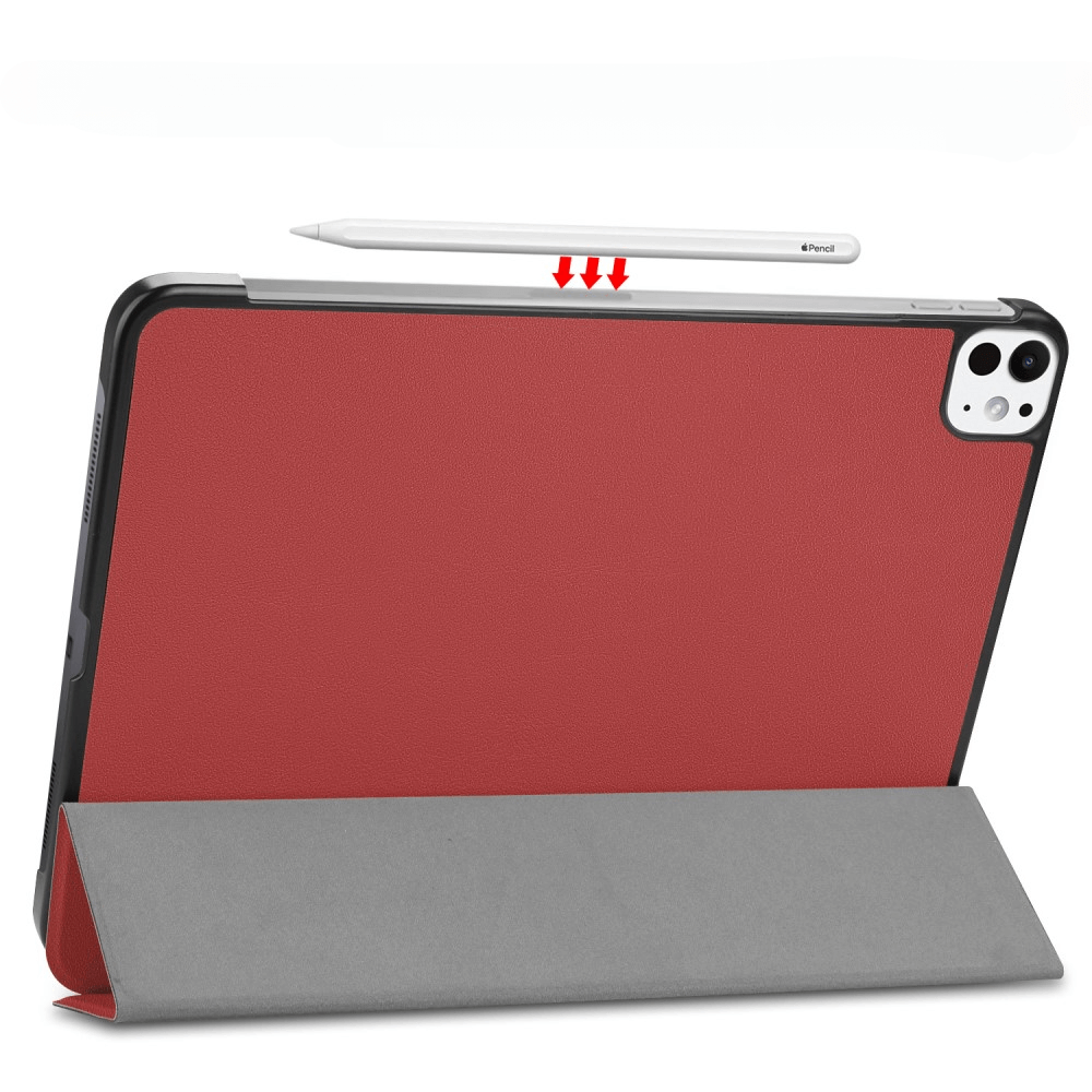 Tablette rouge avec support stylet et étui magnétique, sur fond blanc.