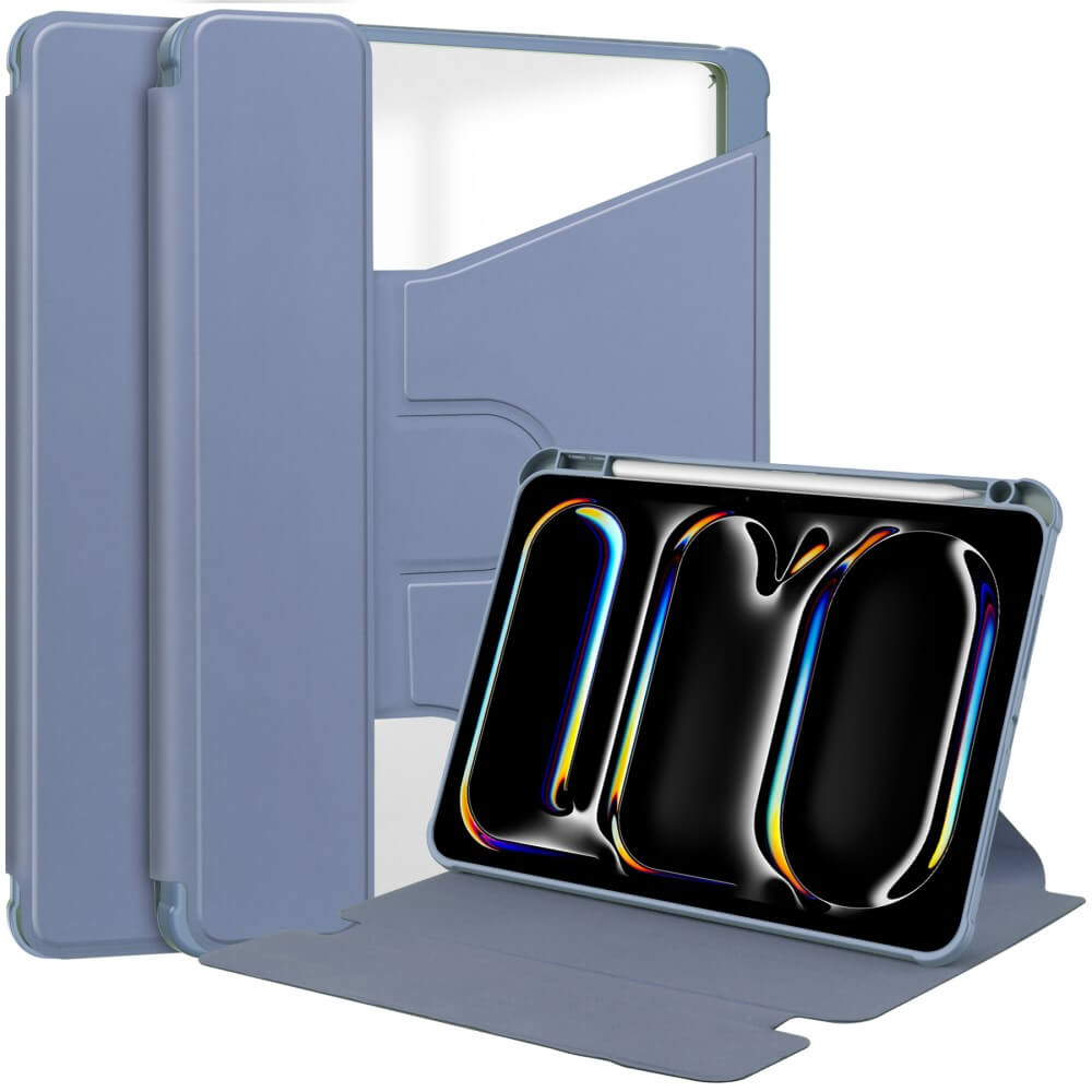 Une tablette bleue avec support stylet dans un étui bleu.