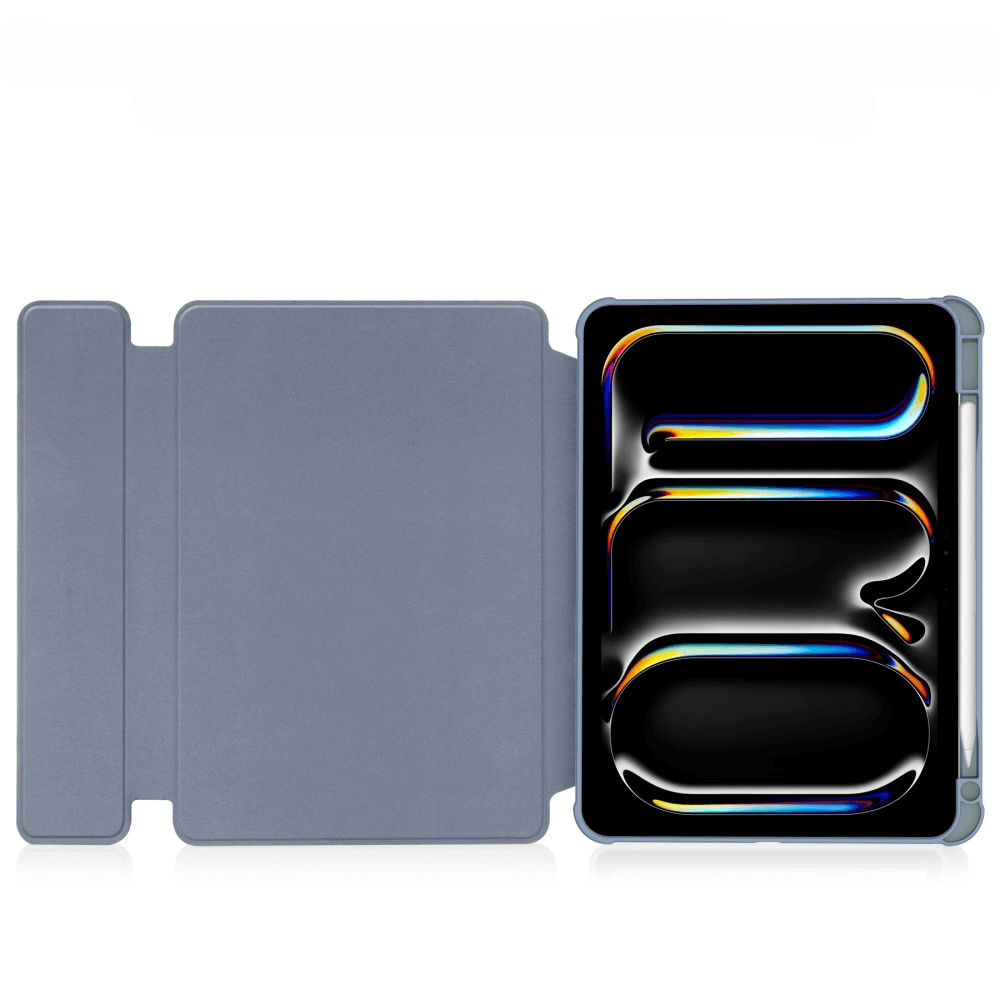 Un support de tablette bleu ouvert avec une tablette affichant un motif abstrait.