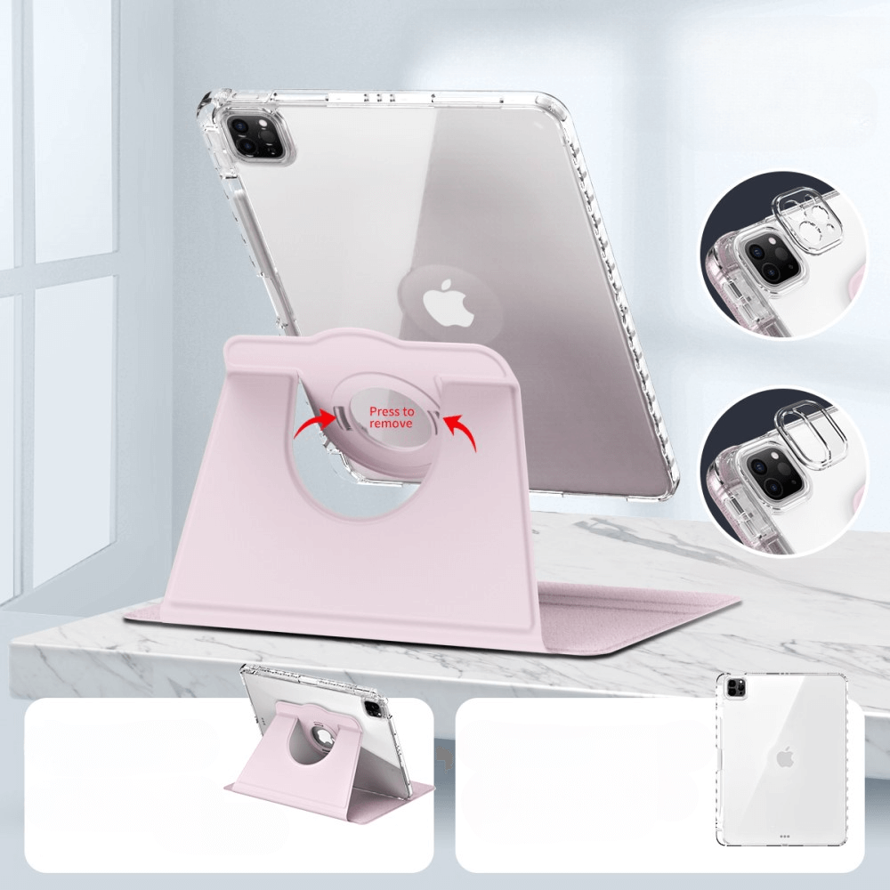 Un support de tablette rose tenant une tablette transparente, avec des gros plans du module caméra.