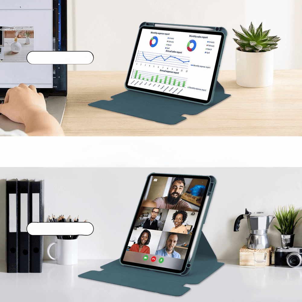 Un ordinateur portable affichant des graphiques et une tablette en appel vidéo sur un bureau.