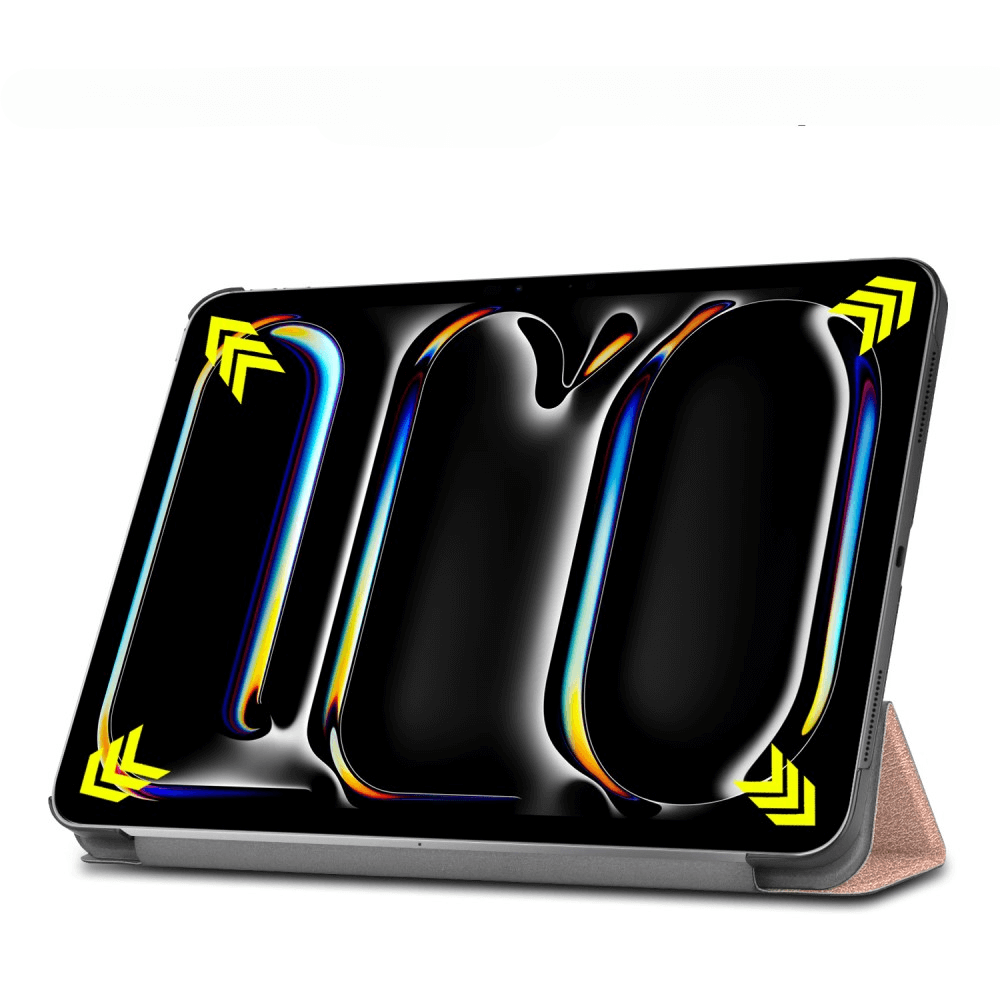 Une tablette à écran sombre recouverte d'un étui avec des flèches jaunes.