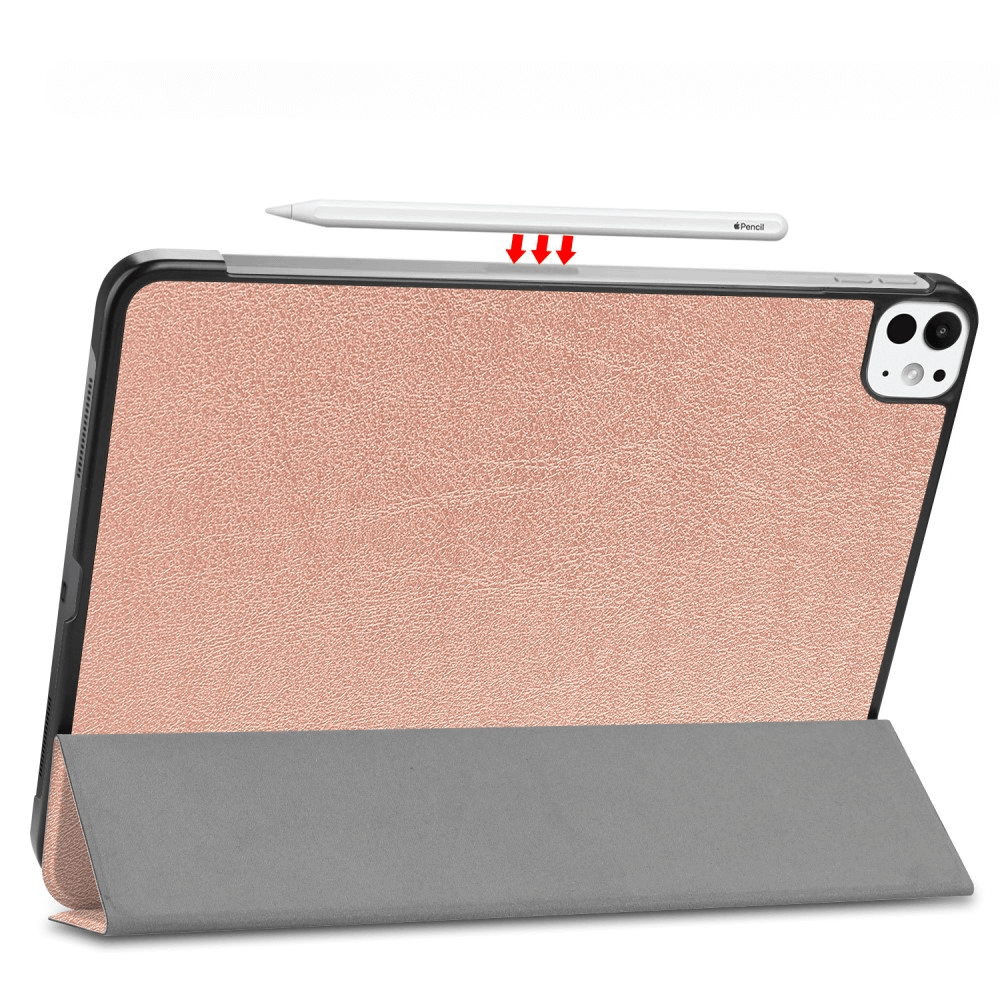 Une tablette rose doré avec un stylet au-dessus et des flèches rouges.