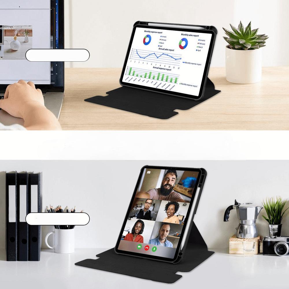 Tablette affichant des graphiques financiers et un appel vidéo de six personnes.