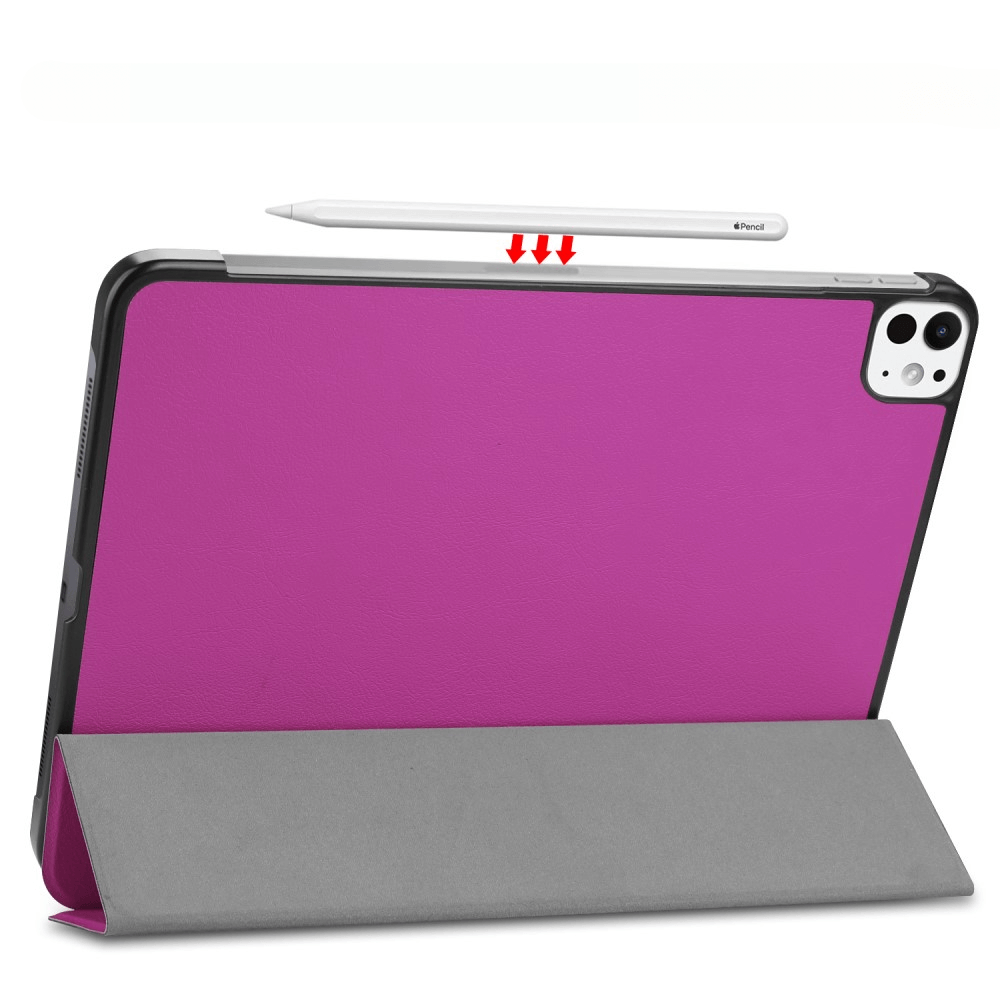 Une tablette rose avec support stylet et étui gris. Un stylet repose au-dessus.