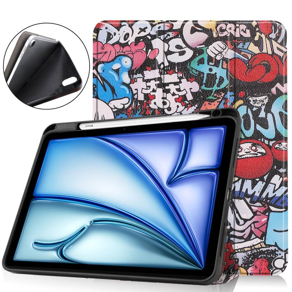 Tablette avec étui graffiti coloré et stylet.
