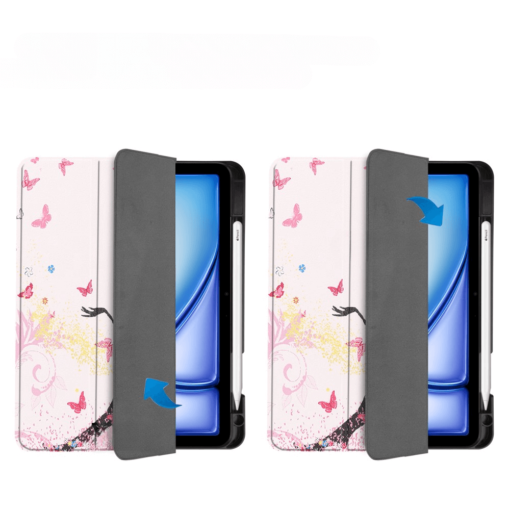 Deux étuis pour tablette avec des papillons roses et un motif d'arbre, dont un ouvert.