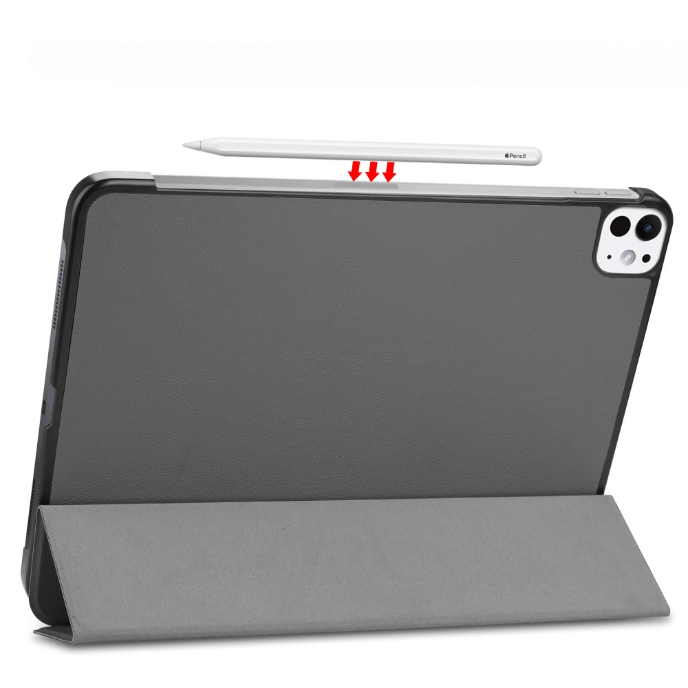 Tablette grise en support avec stylet au-dessus. Flèches rouges vers le bas.