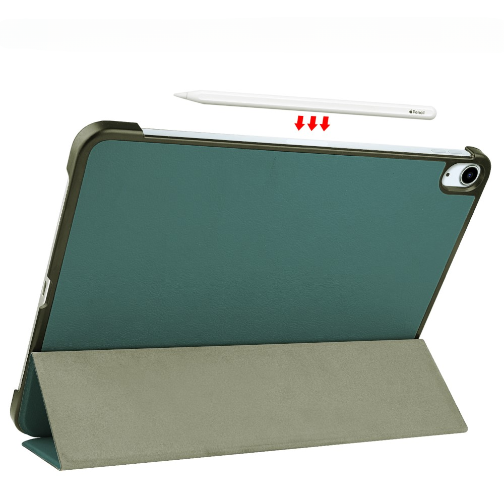 Un tablet in una custodia verde e grigia, con uno stilo bianco sopra.