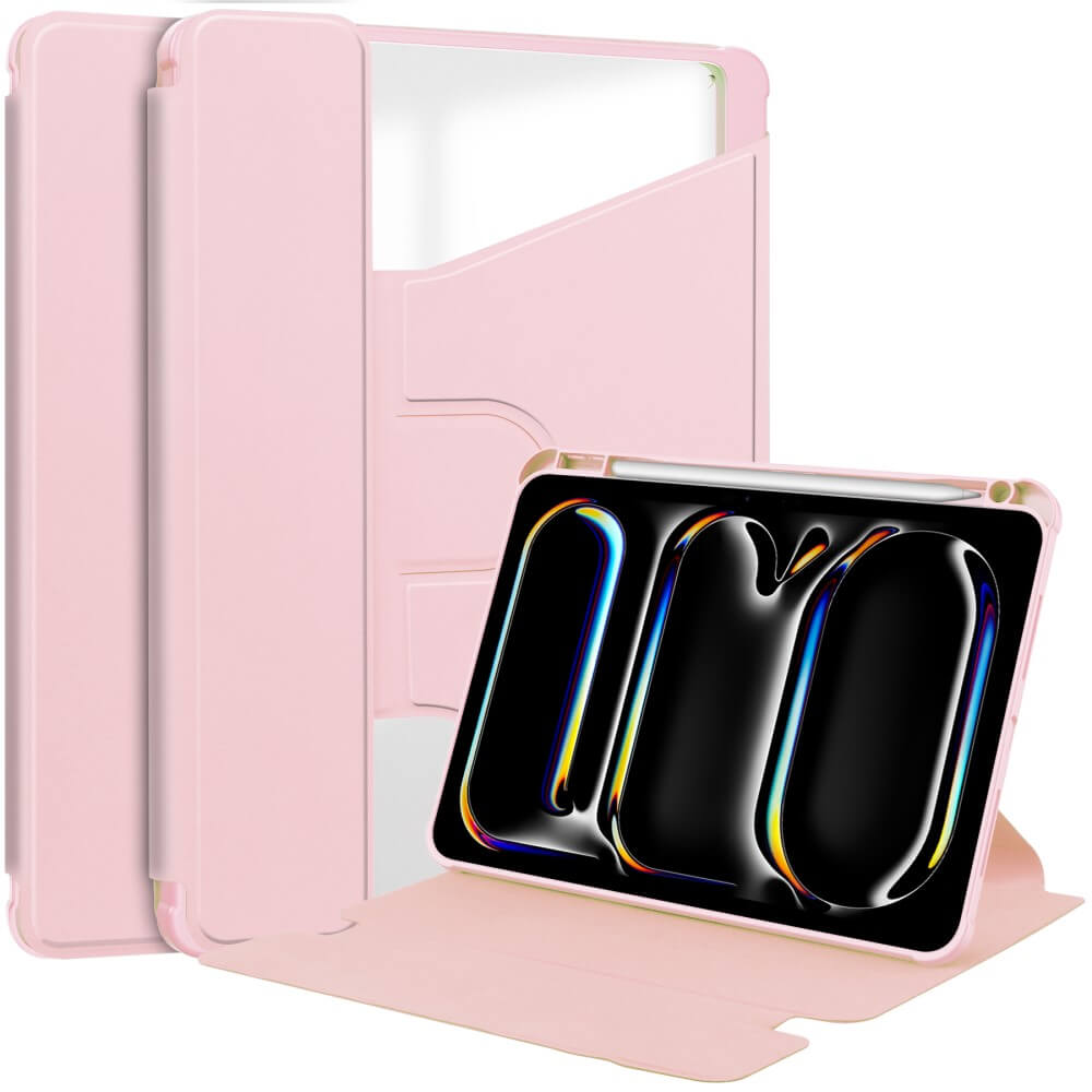Un étui rose pour tablette avec une tablette et un stylet.