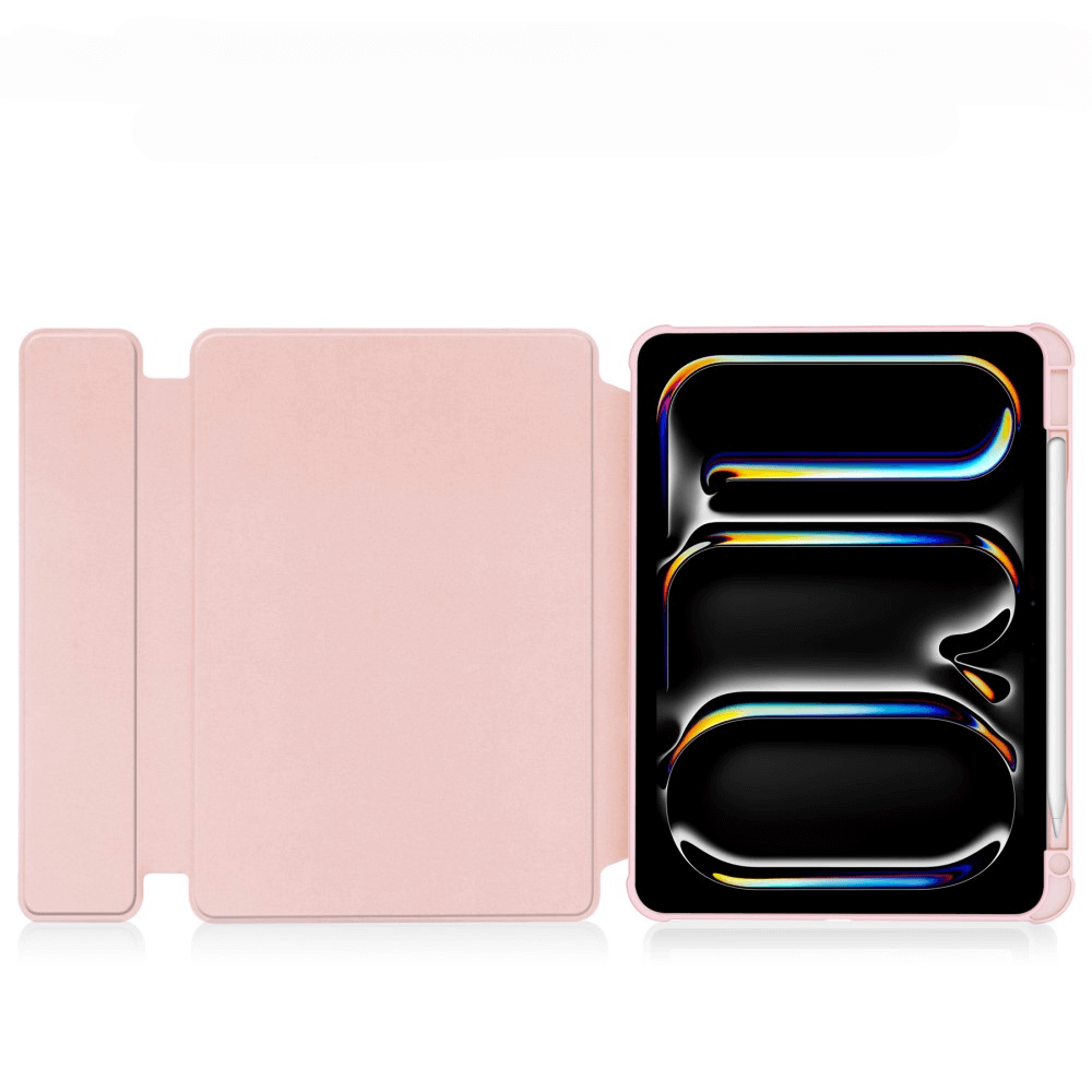 Un support de tablette rose avec une tablette affichant un motif abstrait.