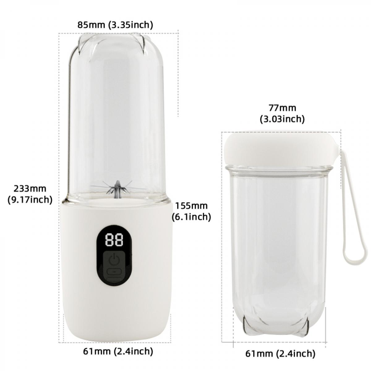 Ein weißer Mixer mit Glasbehälter, Maße sind angegeben.