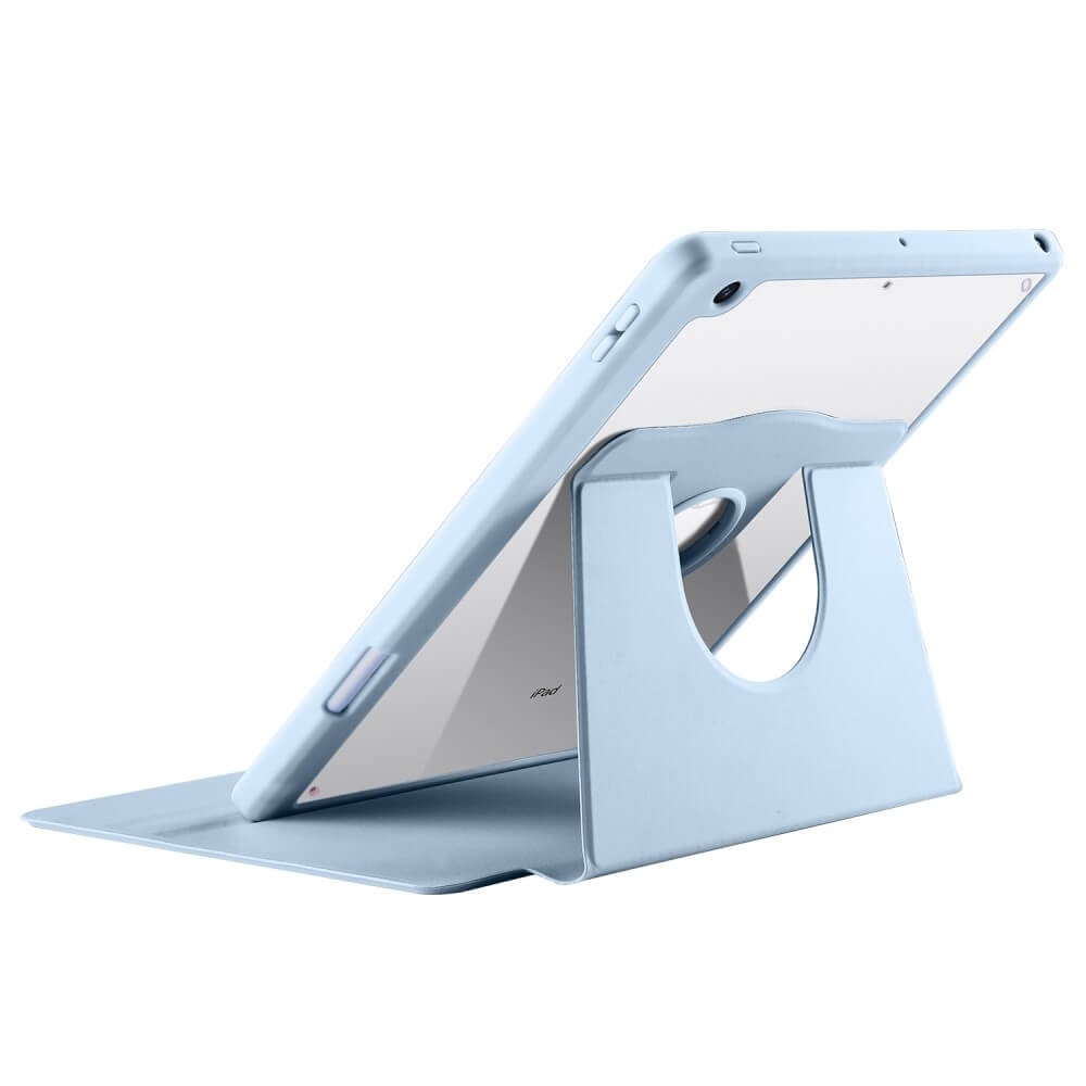 Custodia azzurra per iPad con supporto, su sfondo bianco.