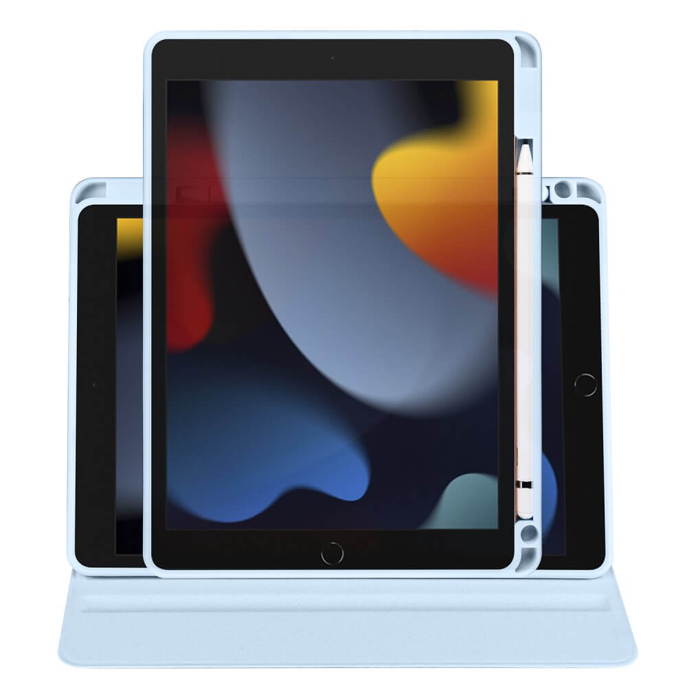 Tre tablet azzurri in custodie, uno con stilo.