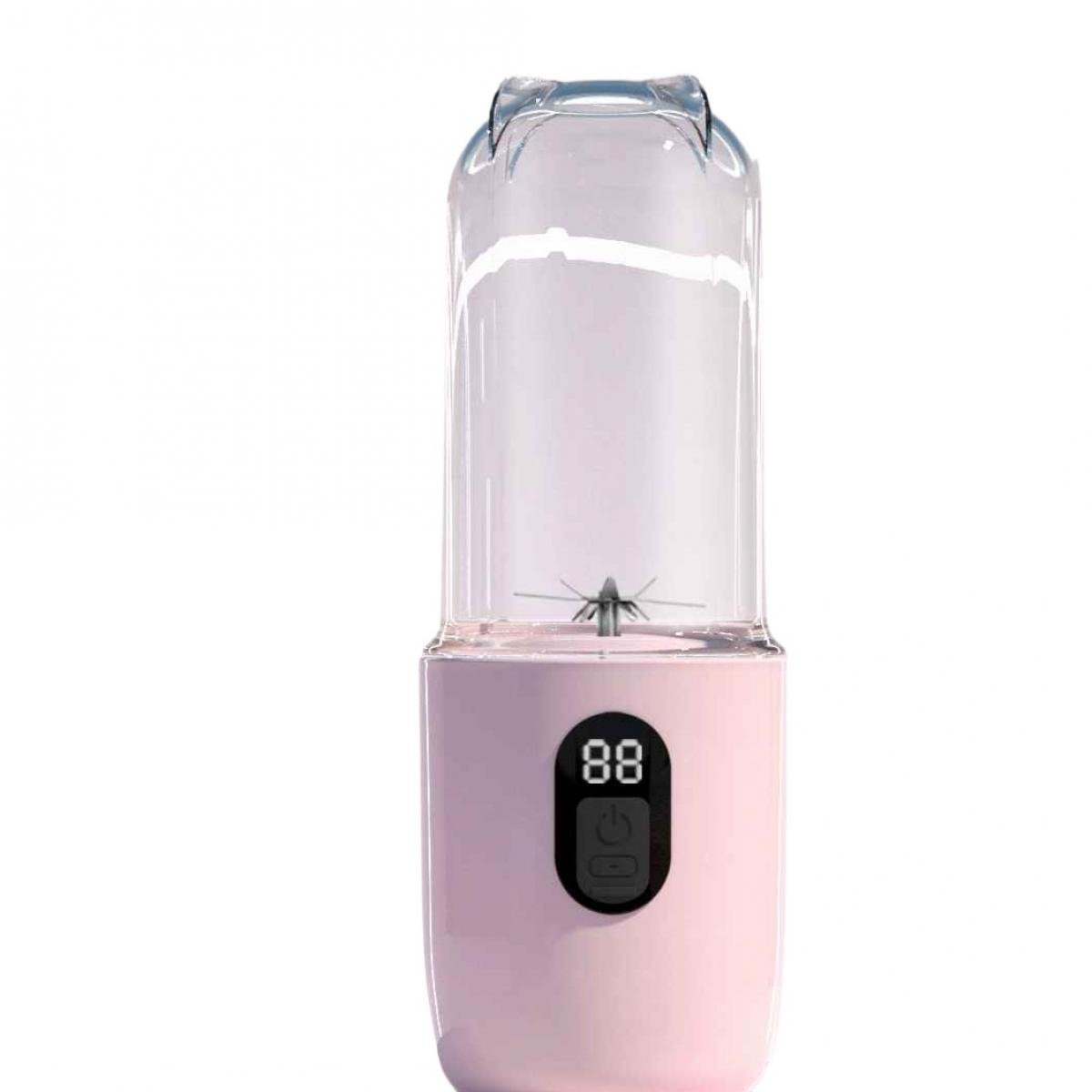 Ein rosafarbener Mini-Mixer mit transparenter Tasse und digitaler Anzeige.