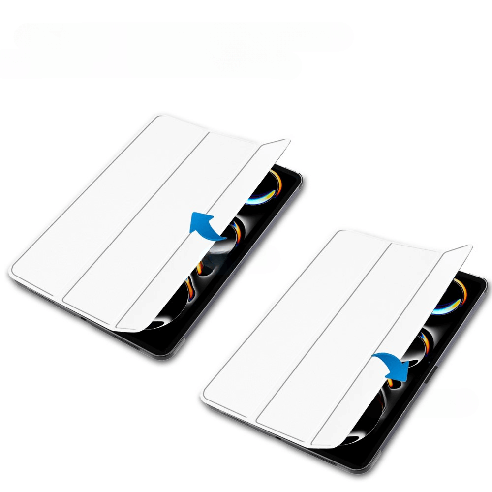 Due custodie bianche per tablet con frecce blu che puntano agli schermi.
