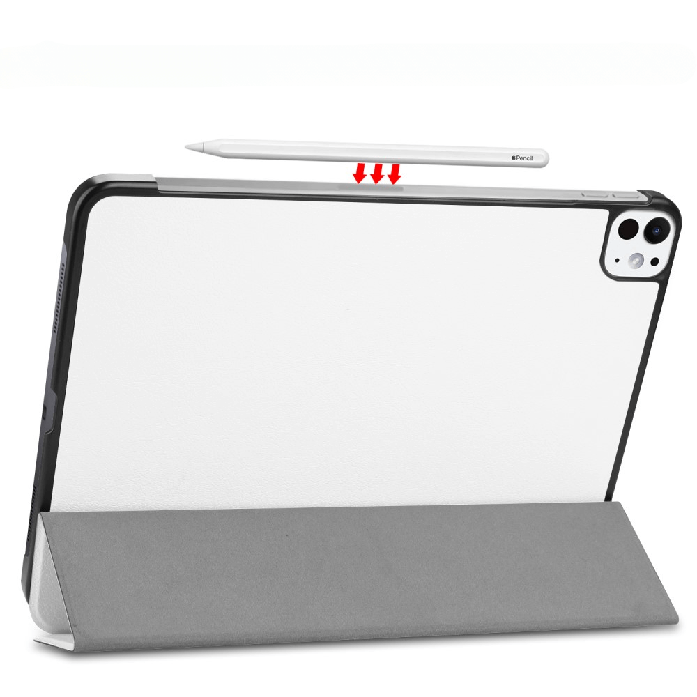 Un tablet bianco con portapenne e supporto grigio.